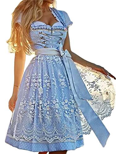 ORANDESIGNE Dirndl Damen midi Trachtenkleid Trachtenmode Trachtenrock Kleid inkl. Dirndlbluse A Blau Dirndlschürze 3 teilig für Oktoberfest Besondere Anlässe Grau XL