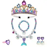 TTBDDM 6 Stücke Prinzessin Verkleiden Geschenk, Meerjungfrau Prinzessin Schmuck, Meerjungfrau Kronen Set, mit Krone, Halskette, Ohrringen, Armband, Ring, Dekoration für Kleine Feiernde Mädchen (Gelb)