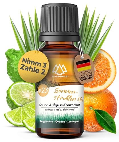 NORDHOLZ® Saunaaufguss [54 Sorten 15ml, 100ml, 250ml] - Sauna Aufgussmittel für intensive & erholsame - Sauna Zubehör (#23 Sonnenstrahlen- Mix, 15ml)