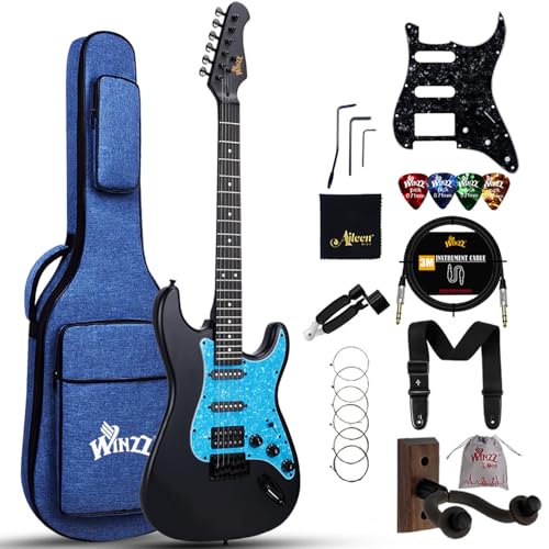 Winzz Erwachsene E-Gitarre 4/4 Größe, HSS Tonabnehmer, E-Gitarre ST für Anfänger Starter Paket mit 12 Zubehör, Ideal Kinder E-Gitarre Kit 12+ Jahre (39" Matte Schwarz, Blau Schlagbrett)