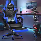 ALFORDSON Premium-Gaming-Stuhl mit Fußstütze und Lordosenstütze, ergonomisches Design, 150° Neigung, Leder-Schreibtischstuhl für Gaming Büro, 180 kg Tragkraft, Blau