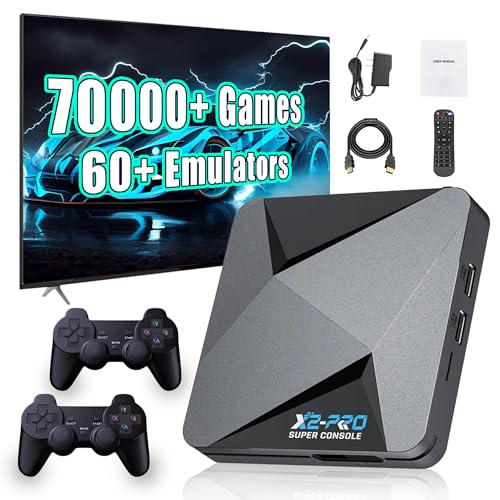 KINMRIS Retro Video spielkonsole 256G Super Console X2 Pro mit 60+ Spieleemulatoren 70000 Videospielen mit Two Gamepad Kinder Spielebox
