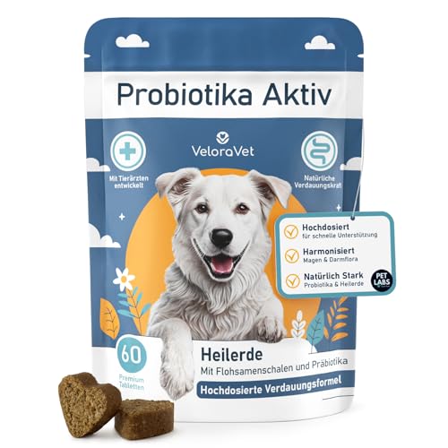 VeloraVet Probiotika Hund – Magen Darmsanierung & Darmkur für Hunde-Darmflora, Präbiotika, Flohsamenschalen & Heilerde, Tierärztlich empfohlen bei Durchfall, Sodbrennen – 60 Probiotika Tabletten