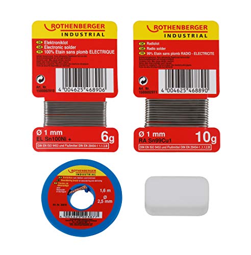 ROTHENBERGER Industrial bleifreies Radio-Elektronikset | 1x Salmiakstein; 1x Entlötlitze; 1x Elektroniklot – 6 g; 1x Radiolot – 10 g | 1500002912
