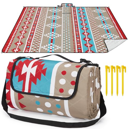 HAUSPROFI Picknickdecke, Wasserdicht XXL Stranddecke, Strandmatte, Picnic Blanket, Campingdecke mit Erdnägel, Tragegriff und Schultergurt für Outdoor, Picknick, Garten, Strand, Camping-200x200cm, Boho