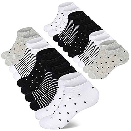 Mowenti Sneaker Socken Damen 39-42 Kurze Baumwollsocken Sportsocken 10 paar Streifen Punkten-8205