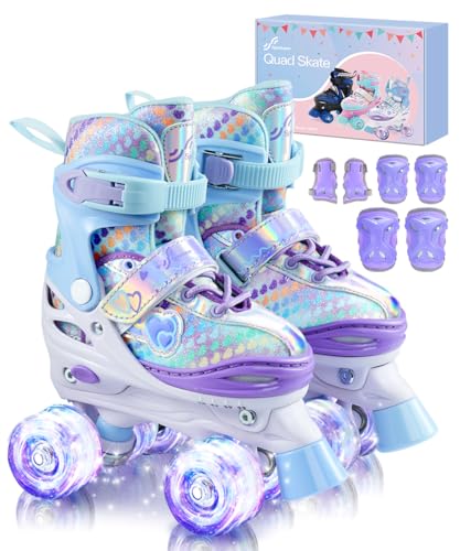 Rollschuhe Kinder Verstellbar Mädchen Rollerskates, Größe 26-37 Mit 6er Kinder Protektoren Set und Led Leuchtenden Rädern für Mädchen1 Pair