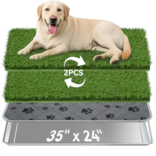 Große Hundetoilette Grasmatte mit Tablett, 90 x 60 cm Edelstahl Hundeklo mit 2 Wiederverwendbaren Kunstrasen, Waschbare Hunde Trainingsunterlage, Welpentoilette Hundetöpfchen für Balkon Indoor Outdoor