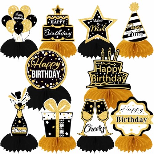 DTOFOOT 10 Stück Happy Birthday Tischdeko, Geburtstag Bienenwaben Deko Schwarz Gold Papier Geburtstag Tischaufsätze für Männer und Frauen Geburtstagsparty Zubehör