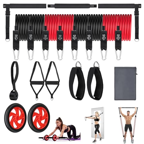 HSYFUNA Fitnessbänder Pilates Bar Set mit 8 Widerstandsbänder 20/30/40/50 lbs, Resistance Bands Set mit Stange, Griffe, Türanker, Fußschlaufen, Tragbarer Handtasche, für Indoor Home Gym und Outdoor