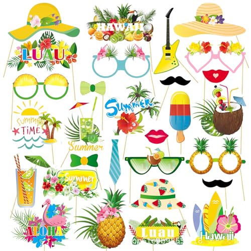 29 Stück Hawaii Fotobox Accessoires, Hawaii Deko, Foto Accessoires Party für Sommer Strand Geburtstag