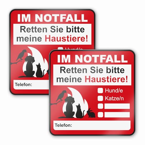 Hinweis-Aufkleber Set Haustier-Rettung I 2 Stück I 8 x 8 cm I Im Notfall retten Sie bitte meine Haustiere! I zum Ausfüllen I für Haus-Tür Kühlschrank und Auto I hin_666