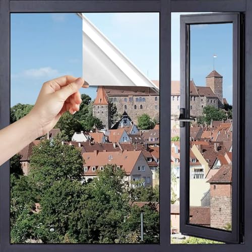 Cycbiki UV Fensterfolie Sonnenschutz 80×100CM Spiegelfolie Fenster Sichtschutz Sonnenschutzfolie Fenster innen Sichtschutzfolie Fenster Blickdicht von außen Thermofolie gegen hitze Silber