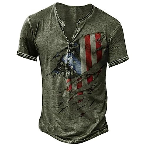 Sale Angebote Henley Shirt Herren Kurzarm Hemden Herren Langarm Funny Tshirt V-Ausschnitt Vintage Distressed Totenkopf Shirt Usa Flaggen Druck Trachtenhemd Mit Knopfleiste Hawaii Hemden (Armeegrün, M)