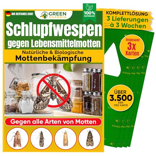 GREEN GUARDIA Schlupfwespen gegen Lebensmittelmotten - 1 Karte à 3 Lieferungen - Effektiv & unweltfreundlich Lebensmittel Motten bekämpfen - Alternative zur Mottenfalle, Mottenspray, Pheromonfalle