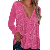 Glitzer Oberteile Damen V Ausschnitt - Pailletten Bluse Damen Elegant Festlich T Shirt Langarm Lockere Tunika Top Pullover Langarmshirt Pailettenshirt Party Oberteil Blusen & Tuniken für Frauen