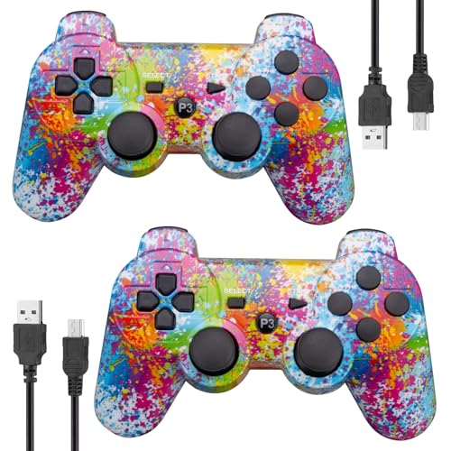 Powerextra 2er Pack PS-3 Controller Wireless Bluetooth PS-3 Hochleistungs Wireless-Double-Shock-Controller für Play-Station 3-Spielekonsole für Double-Shock-Game-Konsole mit Ladekabel(Farbe)