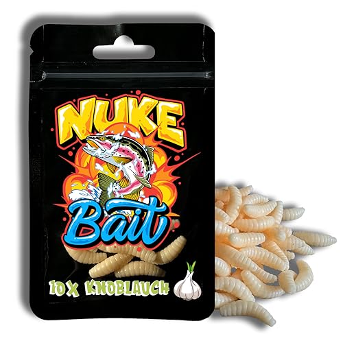 Nuke Bait - Forellenköder - Bienenmaden mit Lockstoff -10 Stück - Das Original Forellen Köder, Bienenmade, Kunstköder mit Geruch, Aroma Angelköder, Raubfisch, Bester Fischköder (Knoblauch - Aroma)