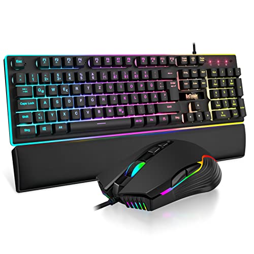 RedThunder K10 Gaming Tastatur und Maus Set, QWERTZ DE-Layout, Metallplatte und Handballenauflager,RGB-Hintergrundbeleuchtung und 7D mit Ergonomische für PC Gamer(Schwarz)