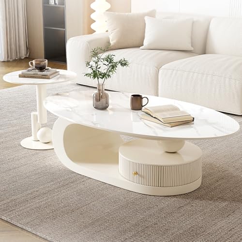 Ineinander stapelbares Couchtisch-Set, mit Schubladen, in Zwei Ausführungen erhältlich, bodenstehendes Design, halbmondförmiges Couchtisch-Set, 2 Stück, weiß (WeißA, 47 Zoll + 20 Zoll)