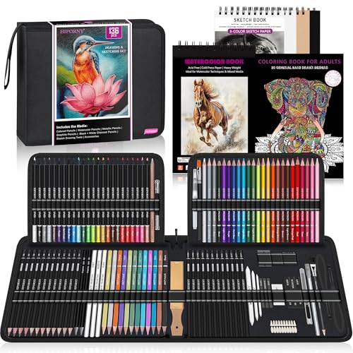 HIFORNY 136-teiliges Zeichen- und Skizzierset, Profi-Kunstzubehör mit Graphit, Anthrazit, Buntstiften, Aquarellstiften, Mischwerkzeuge, Skizzenbuch, Aquarellbuch und Malbuch- Schwarz