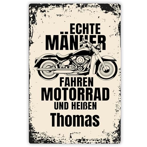 Geschenk für Biker: Alu-Schild personalisiert „Echte Männer fahren Motorrad und heißen WUNSCHNAME“ - mit Aufhängesystem ca. 20x30,5 cm - Motorradfans Dekoration (Hochformat)