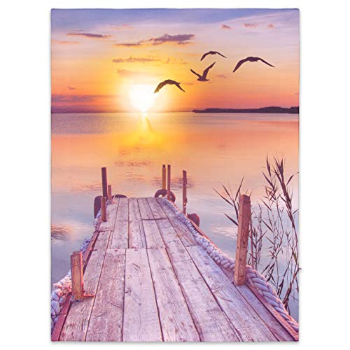 Nexos Trading LED Wandbild Leinwandbild mit Beleuchtung Fotodruck Abend am See 30x40 cm Kunstdruck Leuchtbild Steg 1 warmweiße LED Sonnenuntergang