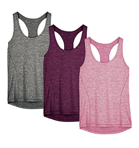 icyzone Damen Sporttop Yoga Tank Top Ringerrücken Oberteil Laufen Fitness Funktions Shirt, 3er Pack (S, Charcoal/Red Bud/Pink)