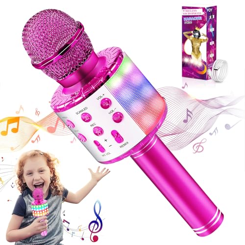 Hayruoy Bluetooth Karaoke Mikrofon kinder, Drahtloses LED Karaoke Mikrofon mit Lautsprecher Tonaufnahme für Party Podcast Familie, Kompatibel mit Android IOS PC - Geschenke für Erwachsene und Kinder