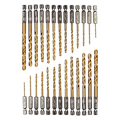 26 teiliges Titan Bohrerset, Sechskantschaft Schnellbohrkronen, 1,5-6,5 mm Schnellarbeitsstahl, Titan-beschichteter HSS Bohrersatz, Schnellwechsel, 1/4 "Sechskantschaft