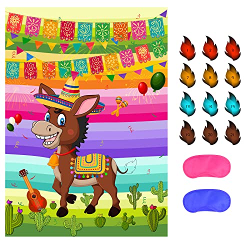 NEBURORA Pin The Tail on The Donkey Party Game, mexikanisches Eselspiel mit 24 Schwänzen, Cinco De Mayo-Party, mexikanische Party, Fiesta-Thema, Taco-Partydekorationen, Kindergeburtstagszubehör