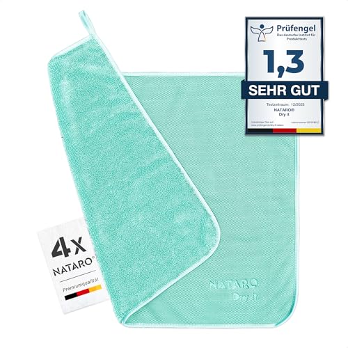 NATARO® 4 Stück Fast Dry it. Premium Trockentuch für Duschkabine, Auto, Haushalt, Camping – DAS ORIGINAL – extra saugfähiges Microfasertuch, fusselfrei, kratzfrei, Extreme Wasseraufnahme, 40x50cm