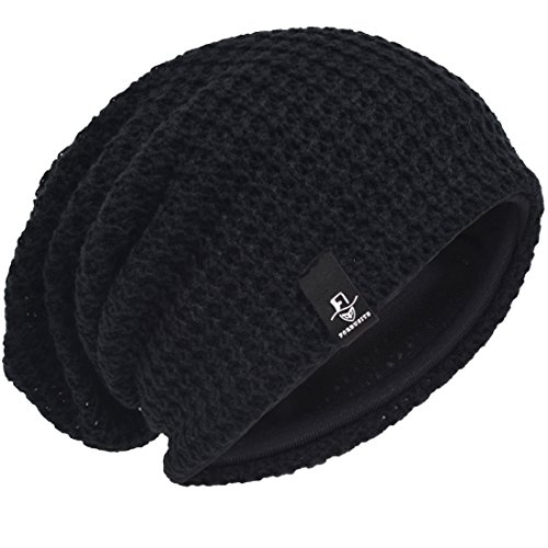 Herren Übergröße Beanie Slouch Schädel Kappe Stricken Winter Strickmütze B08 (Schwarz)