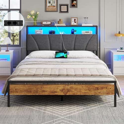 Brinlawb Bett 140x200 mit Lattenrost aus Metall, Bettgestell 140x200cm mit LED Beleuchtung Metallbett 140x200 mit Kopfteil & Ladestation(2 AC-Steckdosen& 2 USB-Anschlüsse) Jugendbett Doppelbett, Grau