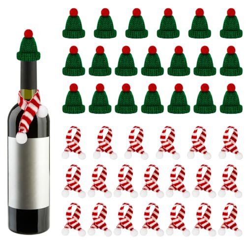 LPAMABA 40 Stück Mini Weihnachtsmütze Schal Nikolausmütze Klein Mini Santa Hüte Mütze Schal Klein Strickmütze Weihnachten Mini Mütze Weihnachten Lutscherhut für Weihnachtsdeko Weinflasche Abdeckung