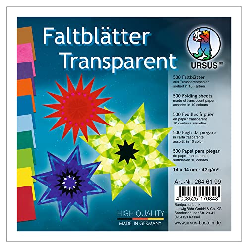 Ursus 2646199 - Faltblätter Transparentpapier, ca. 14 x 14 cm, 42 g/qm, 500 Blatt, sortiert in 10 Farben, durchgefärbt, ideale Grundlage für kreative Bastelarbeiten