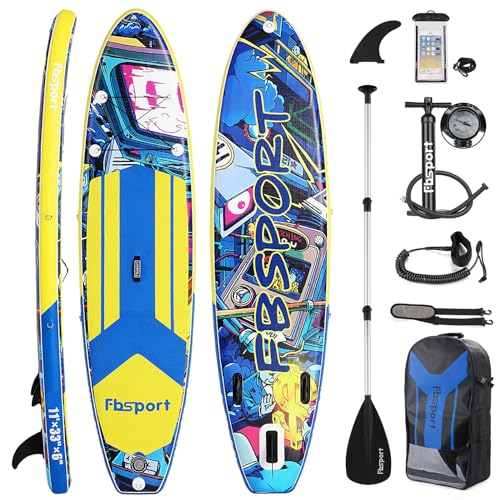 FBSPORT Aufblasbares SUP Board, Stand Up Paddling Board, Aufblasbare Stand Up Paddle Board für Stand-Up Paddling 15CM Dick, Surfbrett Kit mit Verstellbares Aluminium SUP Paddel+Pumpe