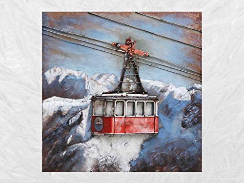 IDYL Metall-Bild mit 3D-Effekt | Moderne Kunst | Seilbahn in den Bergen | Kabine Gondel der Zweiradbahn | 100 x 100 x 7 cm| Nr. 1133