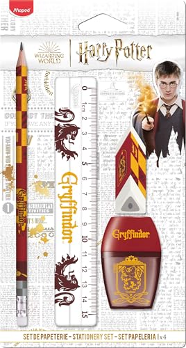 Maped - Gryffindor Schreibwaren-Set 4-teilig – 1 transparentes Lineal 15 cm + 1 Spitzer mit 1 Loch + 1 Radiergummi + 1 Bleistift HB – offizielles Harry Potter Lizenzprodukt