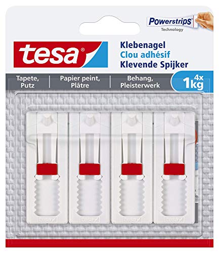 tesa Verstellbarer Klebenagel (für Tapeten und Putz 1 kg, Höhenverstellbarer, selbstklebender Wandnagel, bis zu 1 kg Halteleistung pro Nagel) 4er Pack