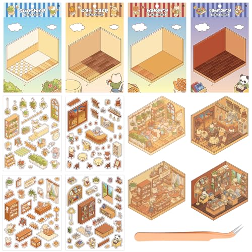 DIY 3D House Stickers 4 Sets Fun DIY Stickers Scene mit Tweezer Stacking Scene Sticker Machen Sie Ihren eigenen Blumenzimmer Café Buchhandlung Bäckerei für Erwachsene und Kinder