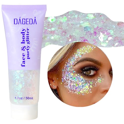 Prreal Body Glitter gel 50ml, Mermaid Sequins Chunky Glitter Liquid kit, Long-Lasting Glitter Powder For Festival Masquerade Birthday Makeup#White