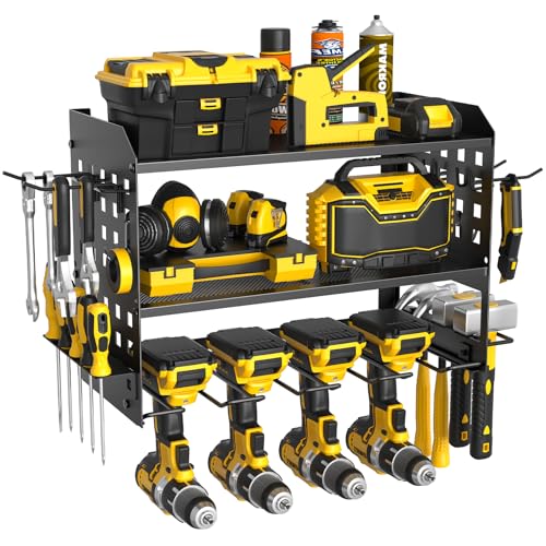 Yeabett 3 Ebenen Werkzeug Wandhalterung, Werkzeugspeicher Aufbewahrung für 4 Elektrowerkzeug, Werkzeug Wandhalterung für Garage, Werkstatt, 42.5 * 20 * 31cm (Schwarz)