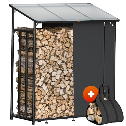 GARDEBRUK® Kaminholzregal Außen Stahl XXL Schwarz mit Dach Abdeckung Holzunterstand Holzlager Regal inkl. Tragetasche Holzregal Holzstapelhilfe