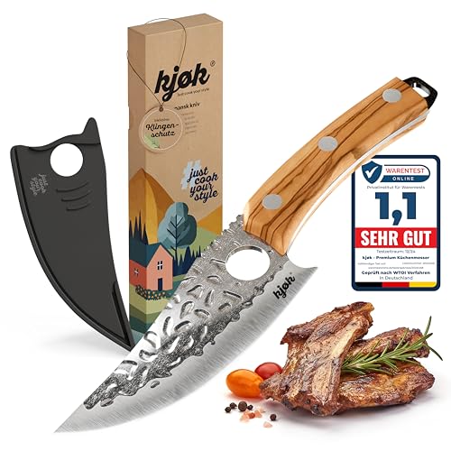 kjøk Premium Messer, scharfes Grillmesser, Härte 56±2 HRC, Küchenmesser, Japanmesser mit Loch und Griff aus Olivenholz, japanisches Kochmesser für Küche und Outdoor, Chefmesser BBQ Vattertagsgeschenk