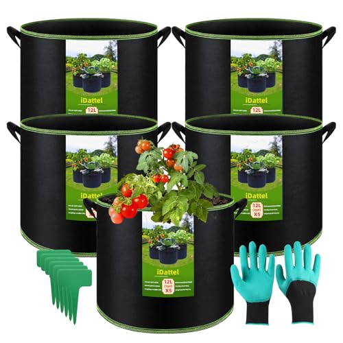 iDattel 5 Stück 12L Pflanzsack,Stofftopf,pflanztaschen mit Griffen-Wiederverwendbare Robuster Stofftöpf für Tomaten & Gemüse - Atmungsaktiver Tomatentopf als Grow Bag für Blumenbeete, Balkonpflanzen