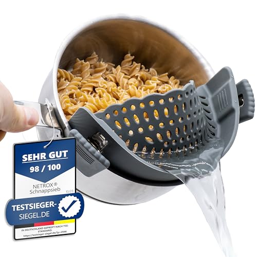 Netrox – Schnappsieb aus Silikon – Nudelsieb Aufsatz zum Einhängen in Topf, Pfanne & Schüssel – spülmaschinenfestes Küchensieb Sieb – Abtropfsieb als perfekte Abgießhilfe Abgiesshilfe für Nudeln Töpfe