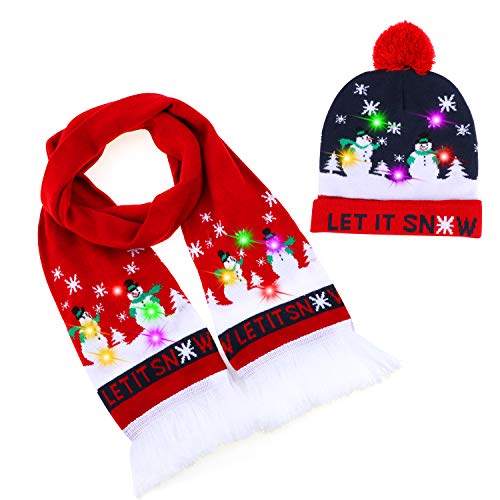 TAGVO Mütze Schal mit Licht LED, 6 Bunte Lichter Gestrickte Weihnachtsmütze und Halswärmer, Elastischer Pullover Hässliche Weihnachtsfeier Mütze Schal Set - Universelle Größe für Männer Frauen