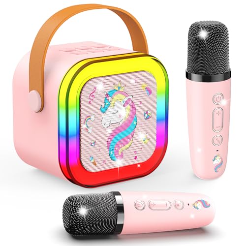 Karaoke Maschine für Kinder mit 2 Mikrofonen, kabelloser Bluetooth-Lautsprecher, Einhorn Geschenke für Mädchen, für 3-12 jährige Mädchen, Geburtstagsgeschenke, Mikrofon für Kinderspielzeug