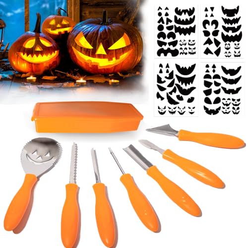 7 Stück Schnitzwerkzeug Kürbis mit Vorlagen, Edelstahl Kürbis Schnitzen Werkzeug, Kinder Kürbis Schnitzset, Kürbis Schnitzmesser, Pumpkin Carving Kit, Halloween Kürbisschnitz Set